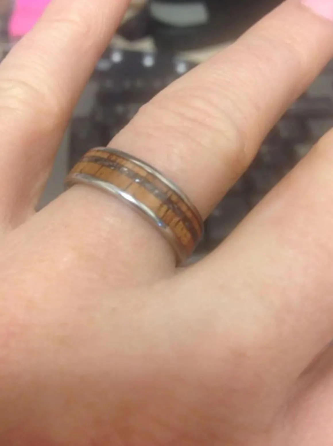 Black Pearl and Koa Wood Inlay Titanium Ring