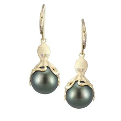 Gold Octopus Earrings With 11mm Tahitian Pearls & Diamonds