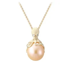 Gold Octopus Pendant With 10mm Peach Fresh Water Pearl & Diamonds