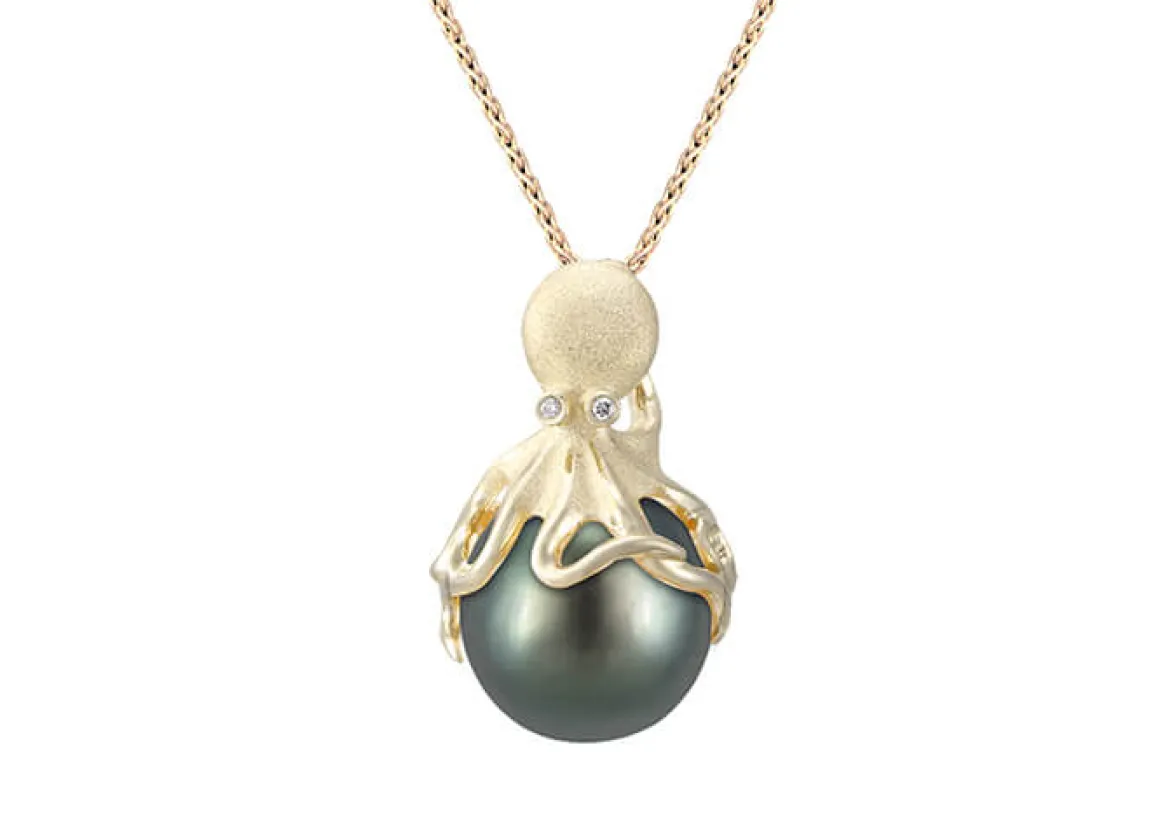 Gold Octopus Pendant With 11mm Tahitian Pearl & Diamonds