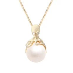 Gold Octopus Pendant With 10mm White Freshwater Pearl & Diamonds