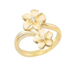 14k 8 and 11mm Plumeria Ring with 2 Diamonds