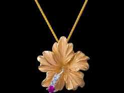 14k Hibiscus Pendant with 3 diamonds and ruby