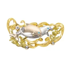 14k 20mm "Flipping Couples" Dolphin Pendant with 2 blue diamonds