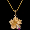 14k 15mm Hibiscus Pendant with 2 Diamonds and Ruby