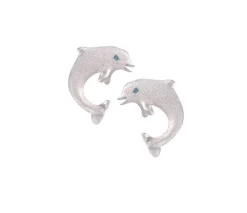 14k 15mm "Jumping Single" Dolphin Stud Earrings with 2 blue diamonds