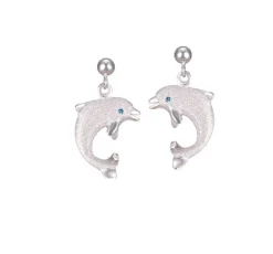 14k 15mm "Jumping Single" Dolphin Ball Post Earrings with 2 blue diamonds