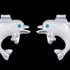 14k 10mm "Jumping Single" Dolphin Stud Earrings with 2 blue diamonds