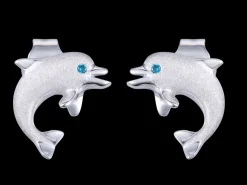 14k 10mm "Jumping Single" Dolphin Stud Earrings with 2 blue diamonds