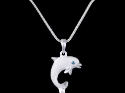 14k 20mm "Jumping Single" Dolphin Pendant with 0.01 carat blue diamond