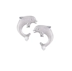 14k 15mm "Jumping Single" Stud Dolphin Earrings with 2 Diamonds