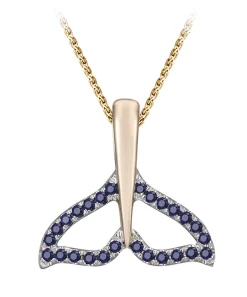 14k 16mm Whale Saw Tail Pendant with 26 Blue Sapphires