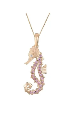 14k Rose Gold Single Sea Horse Pendant with Diamond and 22 Pastel Pink Sapphires