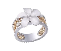 14k 2/tone Chandelier Plumeria Ring with 3 Diamonds