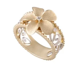 14k 2/tone Chandelier Plumeria Ring with 3 diamonds