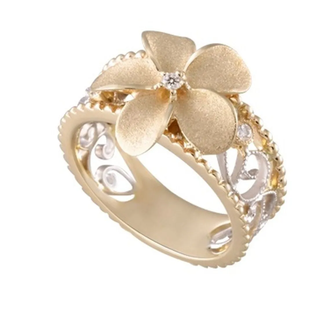 14k 2/tone Chandelier Plumeria Ring with 3 diamonds