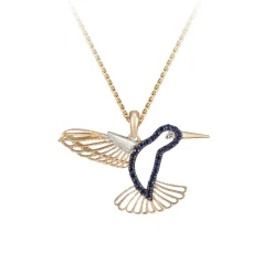14k 2/tone Hummingbird Pendant with Diamond and 27 Blue Sapphires with Black Rhodium