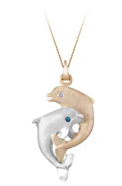 14k 2/tone 15mm "Dancing Couple" Dolphin Pendant with blue and white diamonds