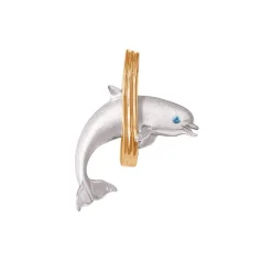 14k 2/tone 28mm "Jumping Loop" Dolphin Pendant with 2 blue diamonds