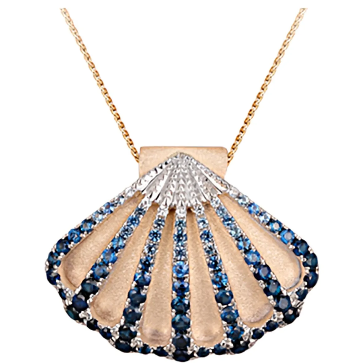 14k 2/tone 30mm Shell Pendant with 7 White Sapphires and 74 Blue Sapphires