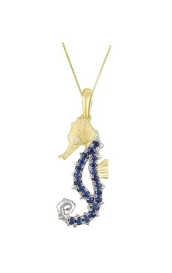 14k 2/tone Single Sea Horse Pendant with Diamond and 22 Blue Sapphires