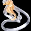 14k 2/tone Single Sea Horse Ring with 3 Diamonds