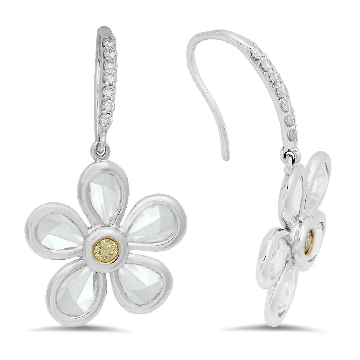 18K White gold earrings with 0.12ct diamonds and 2pcs total 0.13ct Yellow diamonds and 10pcs total 2.64ct Rose cut diamonds