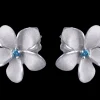 14k White Gold 13mm Plumeria Earring with Blue Diamond