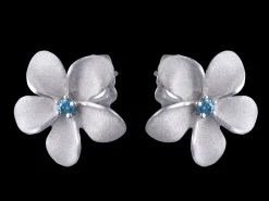 14k White Gold 13mm Plumeria Earring with Blue Diamond