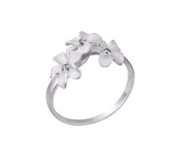 14k White Gold 8mm Plumeria Ring with 3 blue diamonds