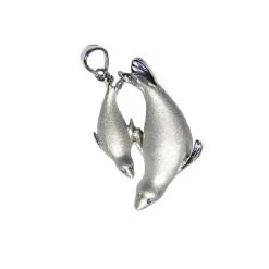 14k White Rhodium Mother and Baby Seal Pendant with 4 Diamonds