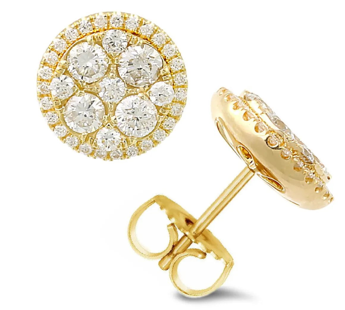 18K yellow gold stud earrings with 72 pcs 1.08ct diamonds