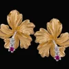 13mm 14k Hibiscus Earrings with 4 diamonds and 2 rubies