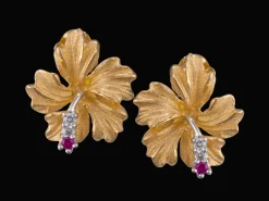 13mm 14k Hibiscus Earrings with 4 diamonds and 2 rubies