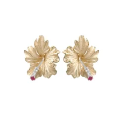 15mm 14k Hibiscus Earrings with 4 diamonds and 2 rubies