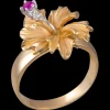 15mm 14k Hibiscus Ring with 2 diamonds and ruby
