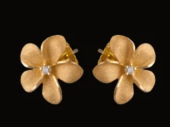 13mm 14k Plumeria Earrings with 2 diamonds