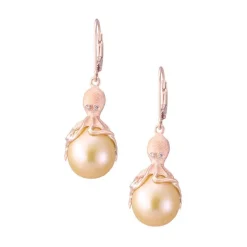 Rose Gold Octopus Earrings With Peach Fresh Water Pearls & Diamonds