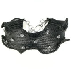 Sterling Silver Black Mesh Bezel-Set Cubic Zirconia Wave Bangle