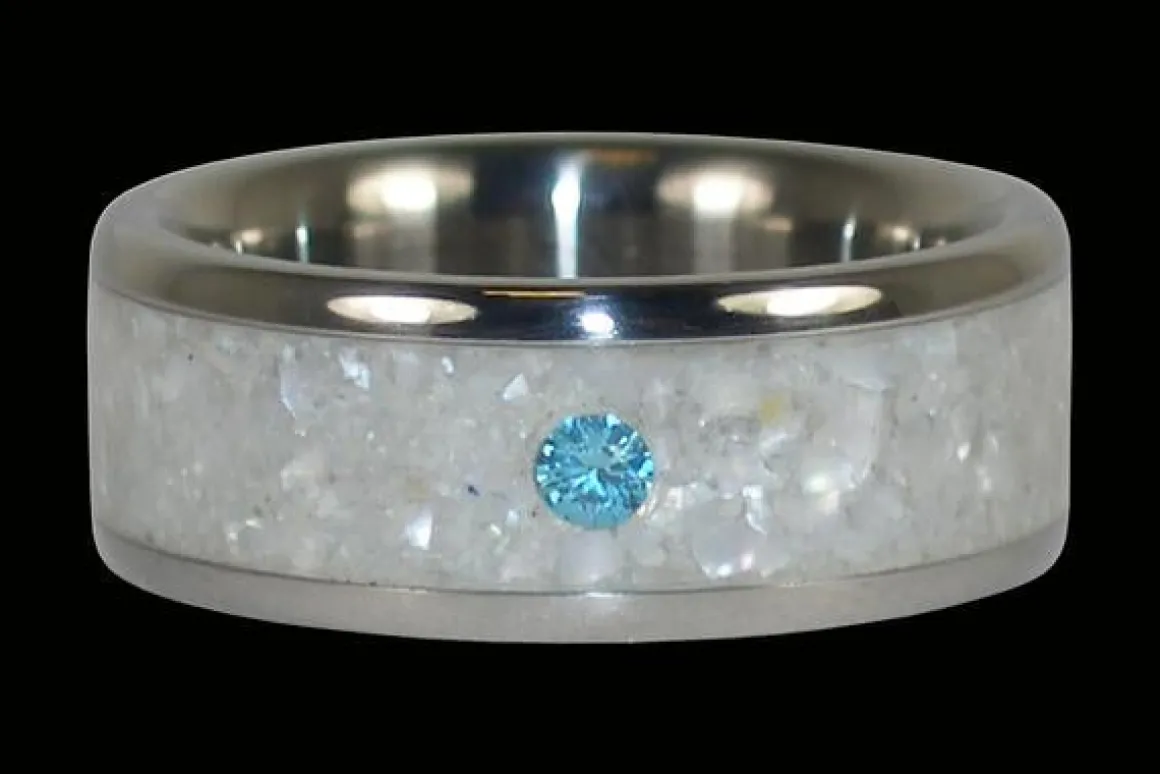 White Pearl Blue Diamond Titanium Ring